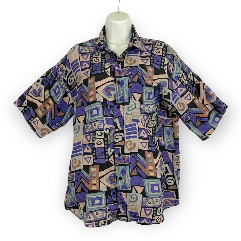 VTG Chiamare Funky Print Blouse LARGE Women's 100% Silk Collared 1990s Retro‎
